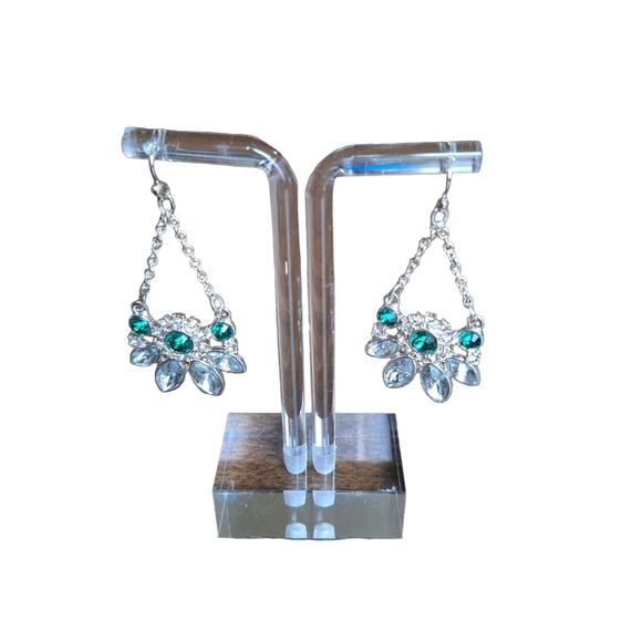 Statement Flower Rhinestone Earrings Clear/Green Silver Tone - Picture 2 of 4